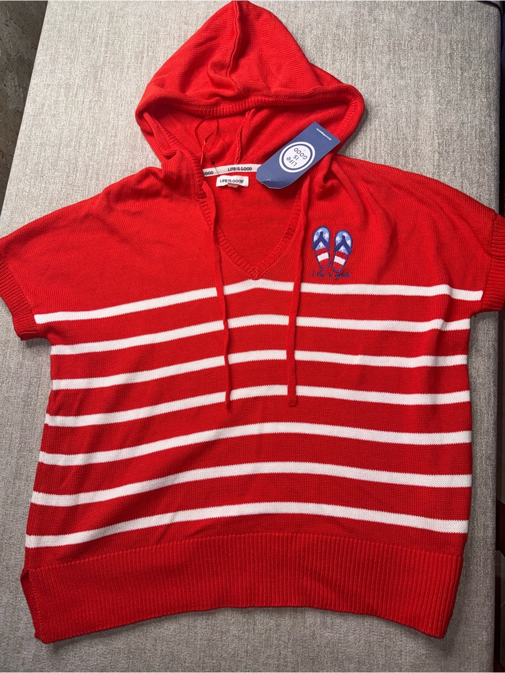 Life Is Good Red White Striped Flip Flop Hooded Sweater Women’s L NWT